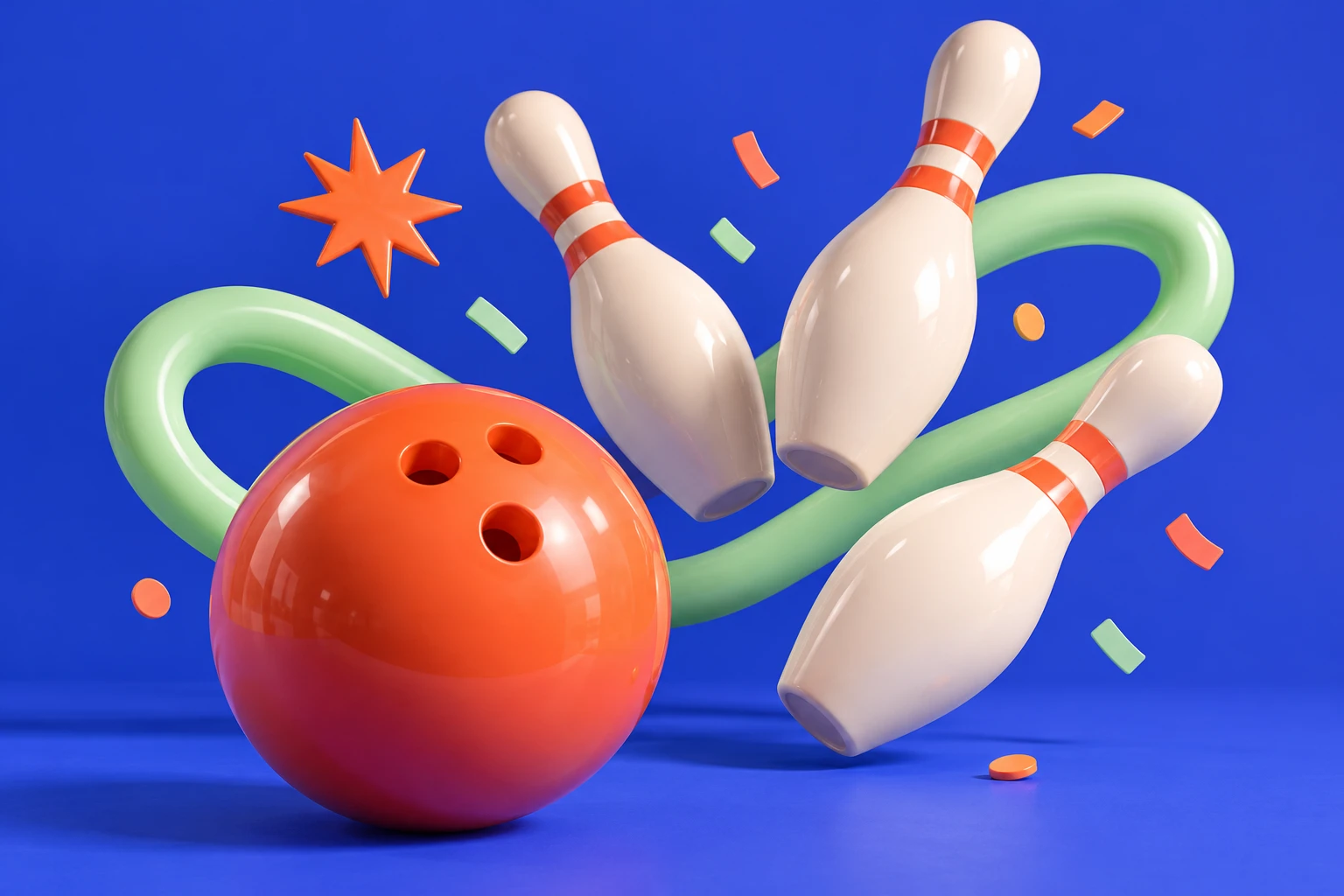 Playful illustration of an orange bowling ball and flying white pins on a blue background